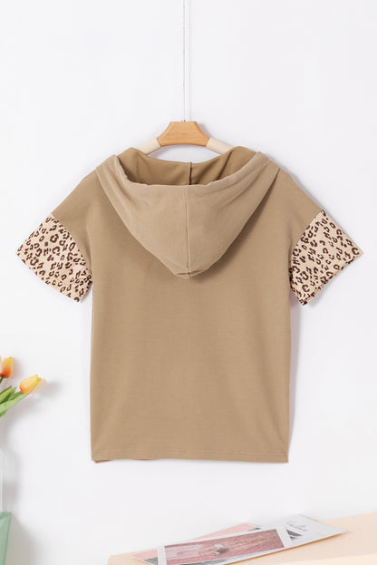 Leopard Patchwork Drawstring Hooded T Shirt | Khaki