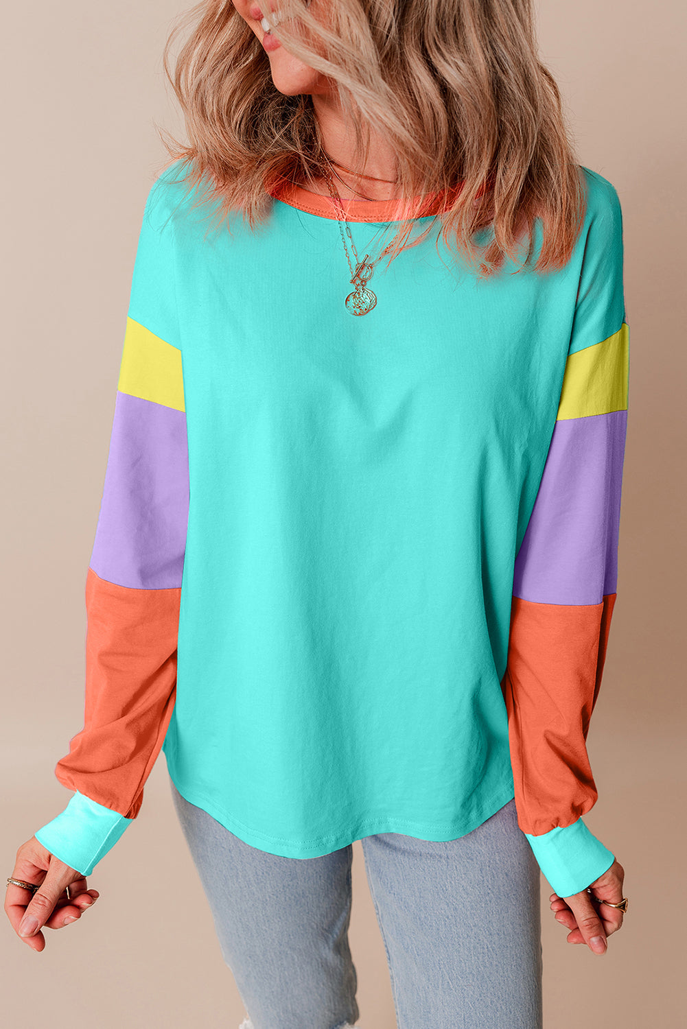 Colourblock Patchwork Long Sleeve Loose Top | Light Blue