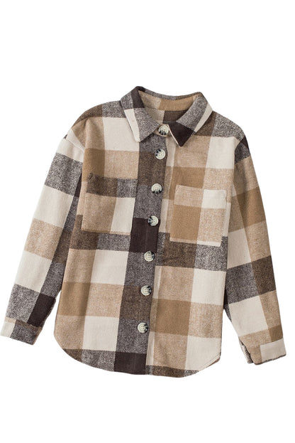 Plaid Colour Block Buttoned Long Sleeve Jacket With Pocket | Khaki