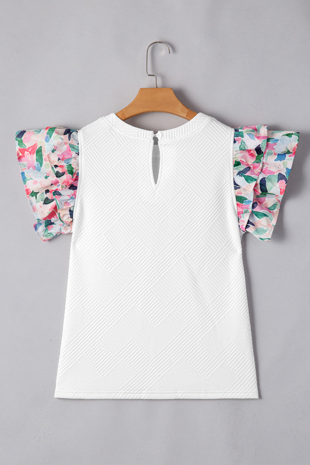 Abstract Print Tiered Ruffled Sleeve Textured Knit Top | White