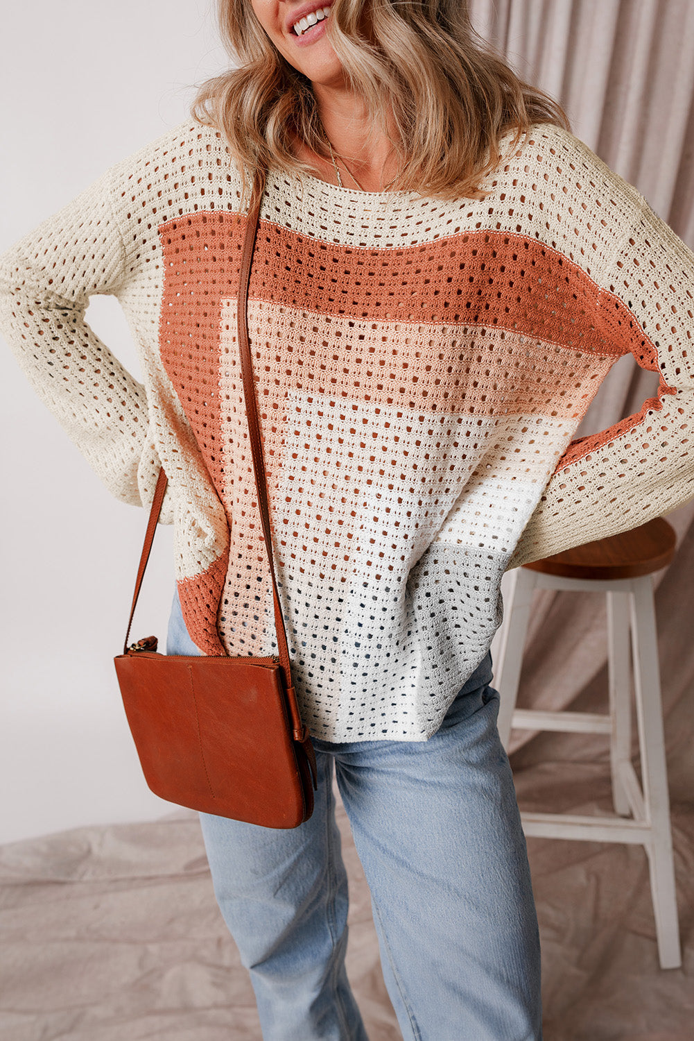 Pointelle Knit Colourblock Baggy Sweater | Apricot