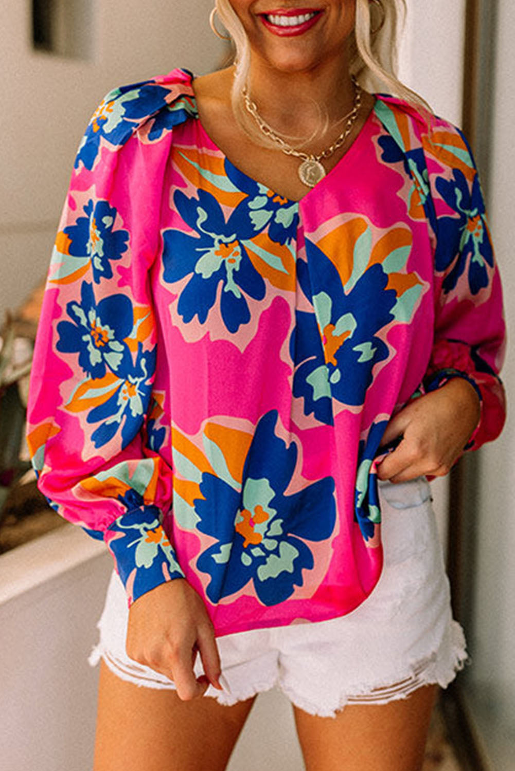 Flower Print Puff Sleeve Blouse | Rose