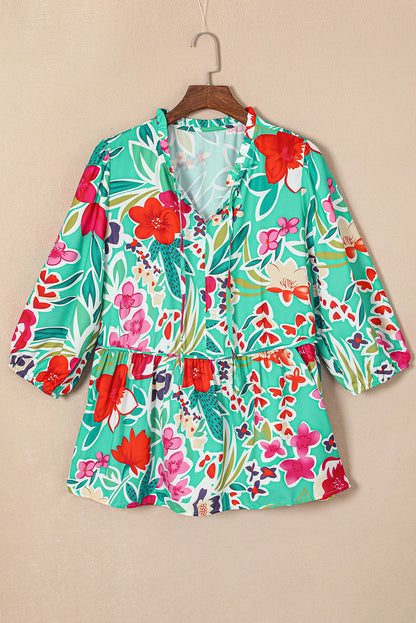 Floral Tie Split Neck Plus Size Peplum Blouse | Multicolour