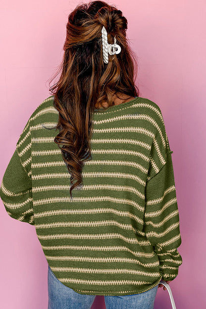 Drop Shoulder Casual Sweater | Green Stripe