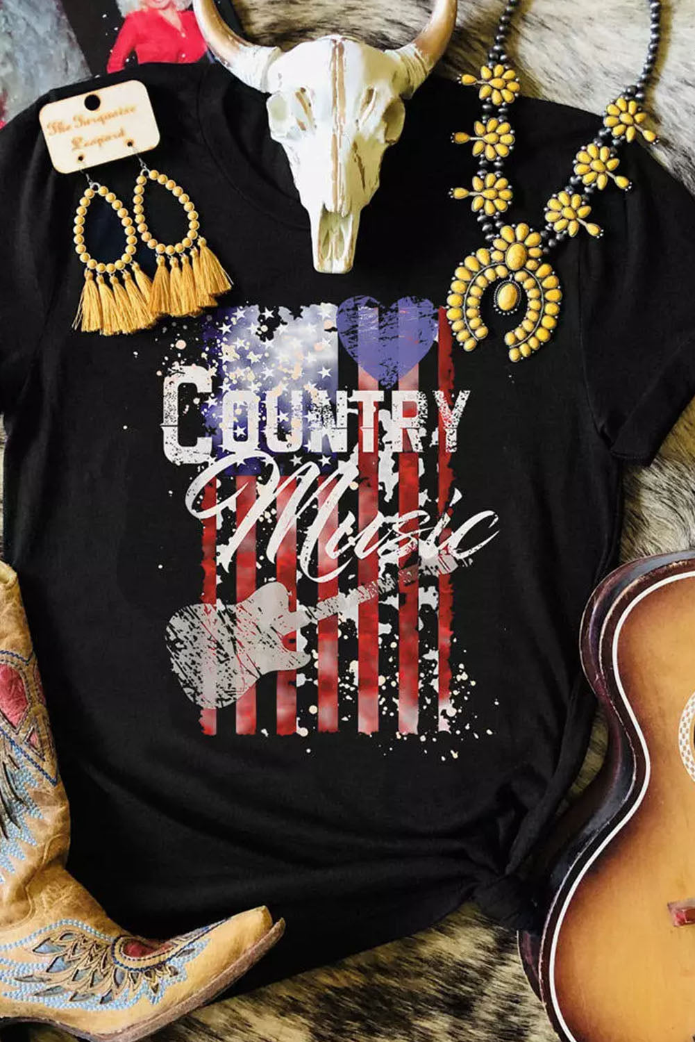 Country Music American Flag Graphic T Shirt | Black