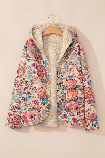 Vintage Paisley Floral Printed Sherpa Lined Hooded Jacket | Beige