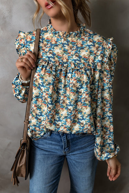 Floral Print Frilled Mock Neck Puff Sleeve Blouse | Sky Blue