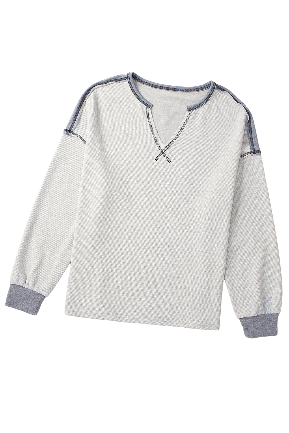 Exposed Seam Ribbed Patchwork V Neck Sweatshirt | Gray