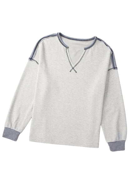 Exposed Seam Ribbed Patchwork V Neck Sweatshirt | Gray