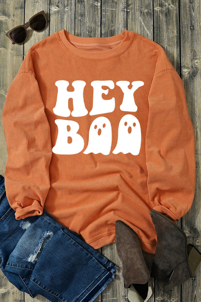 Halloween Hey Boo Ghost Print Loose Sweatshirt | Orange