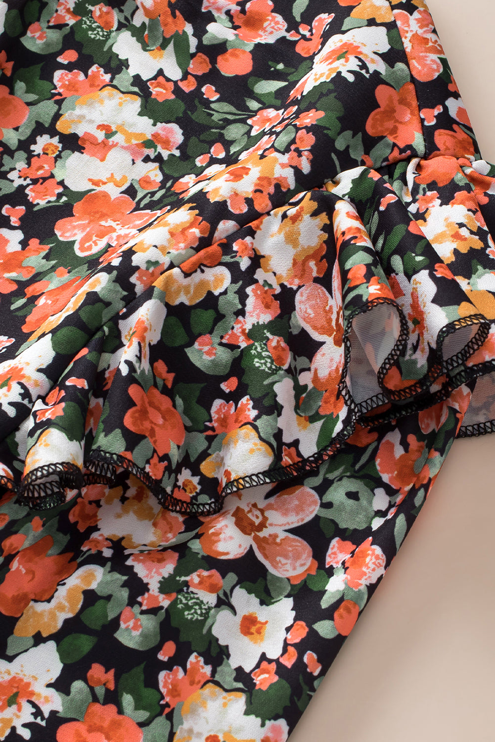 Ruffle Trim Shirred Cuffs Floral Blouse | Orange