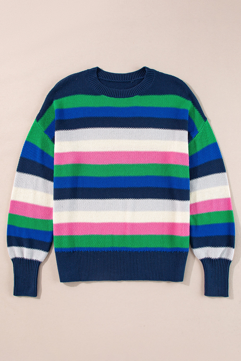 Rainbow Striped Crew Neck Drop Shoulder Sweater | Bright Green