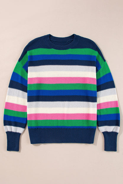 Rainbow Striped Crew Neck Drop Shoulder Sweater | Bright Green