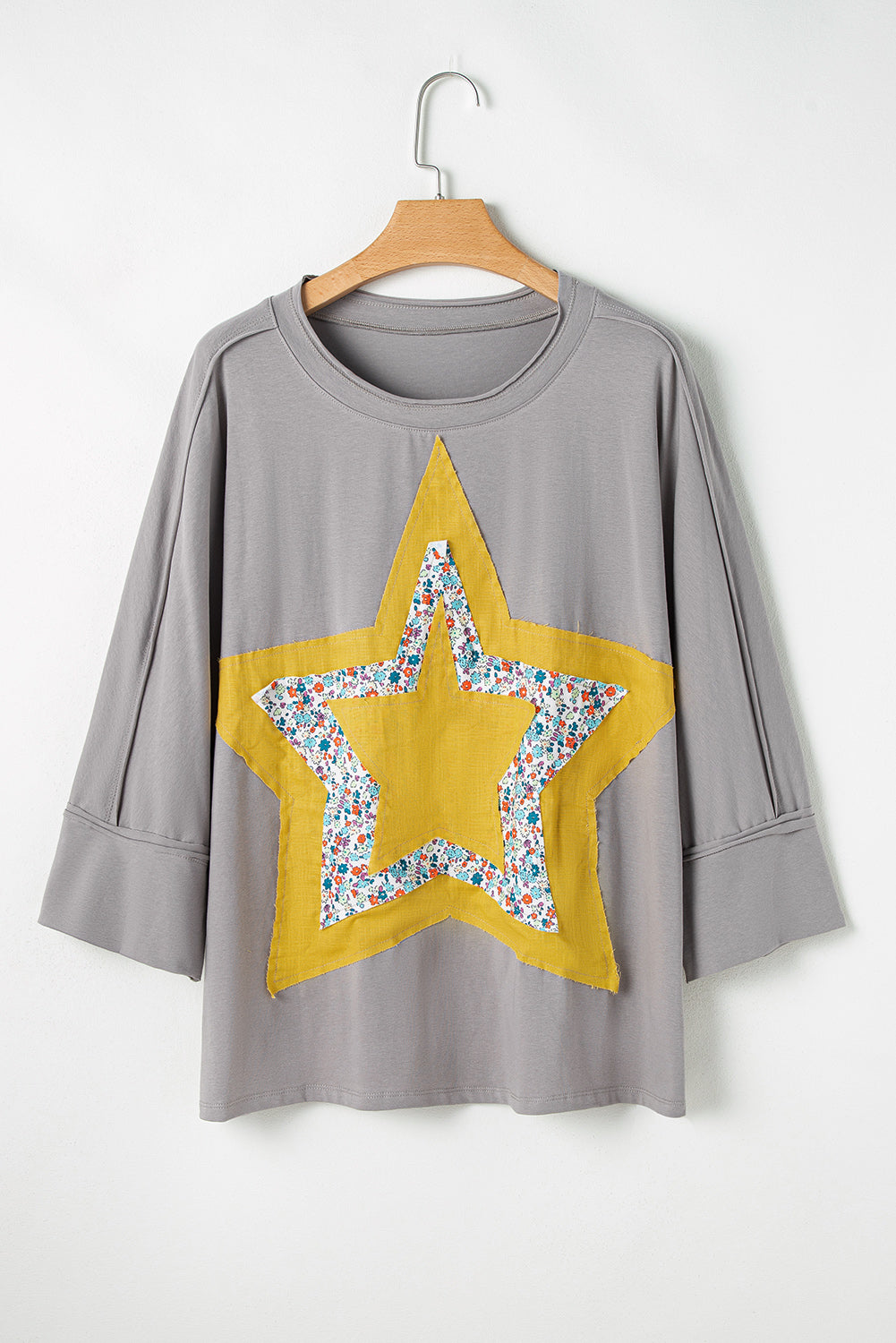 Floral Star Patched Pattern 3/4 Sleeve Plus Size Top | Medium Grey