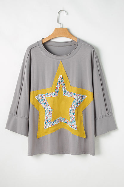 Floral Star Patched Pattern 3/4 Sleeve Plus Size Top | Medium Grey