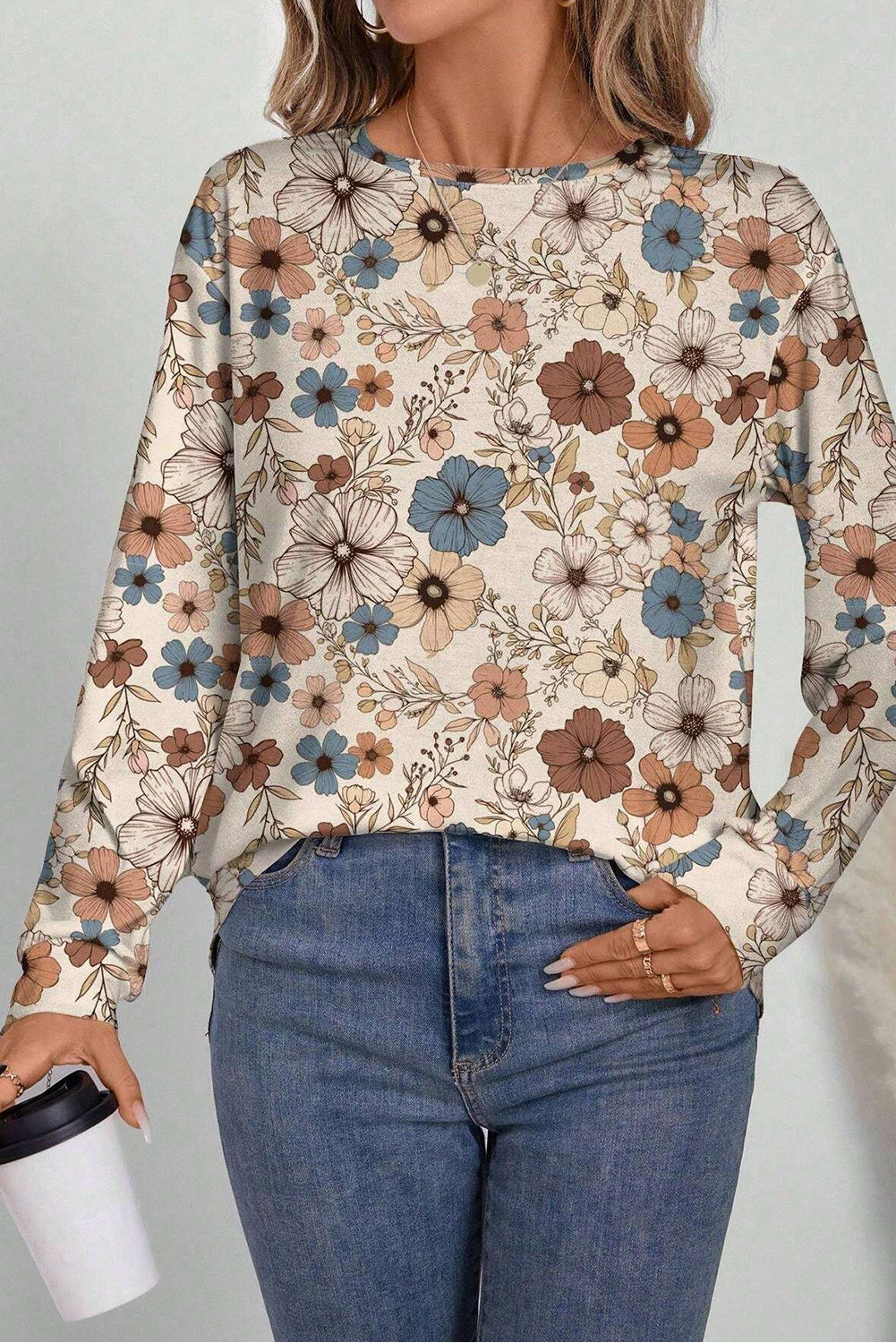 Floral Print Loose Crew Neck Long Sleeve T Shirt | Khaki