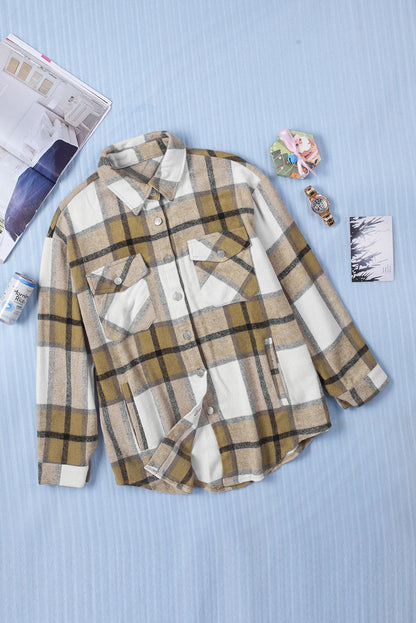 Button-Up Pocket Long Sleeve Plaid Shacket | Khaki