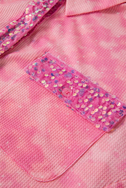 Mineral Wash Sequin Patchwork Flap Pocket Shacket | Apricot Pink