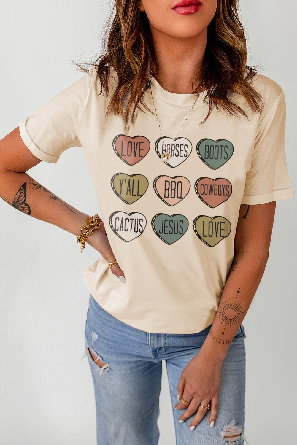 Heart Shaped Graphic Cowgirl T Shirt | Khaki