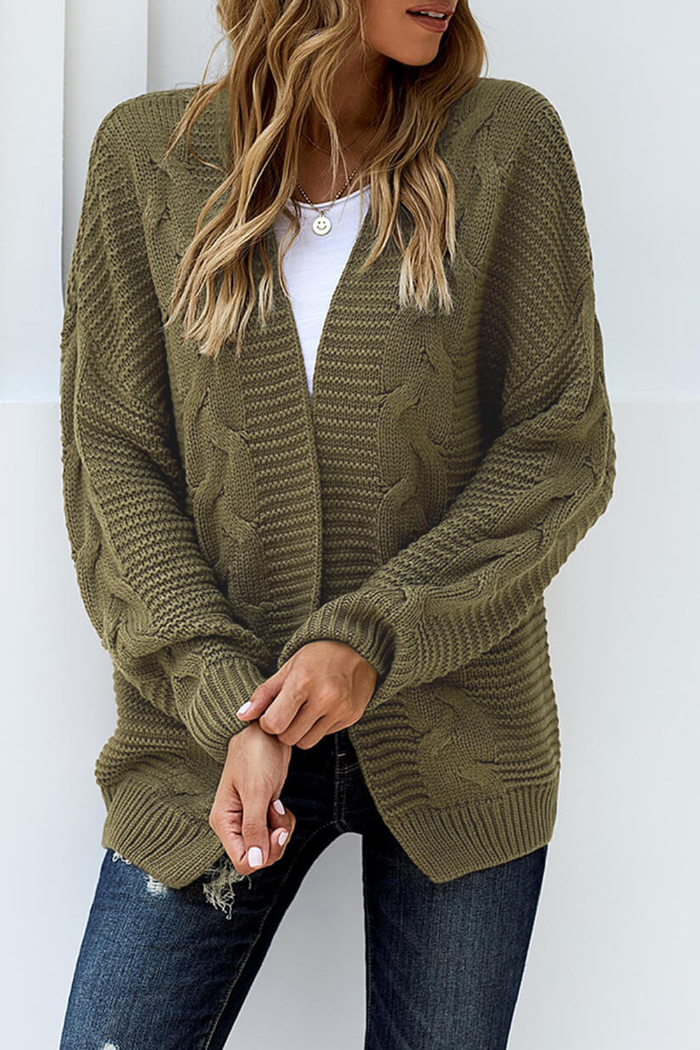 Olive Chunky Wide Long Sleeve Knit Cardigan | Olive Green