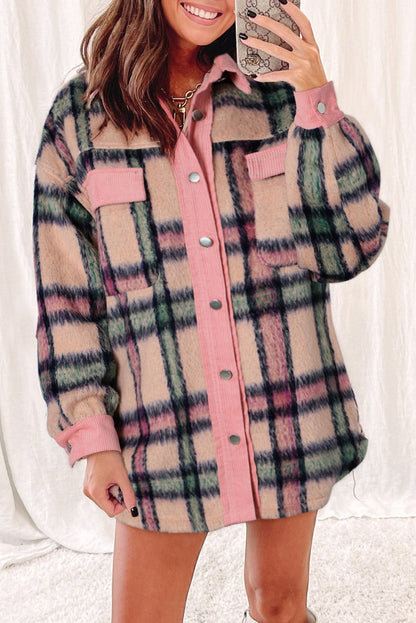 Fuzzy Plaid Corduroy Patchwork Shacket | Pink