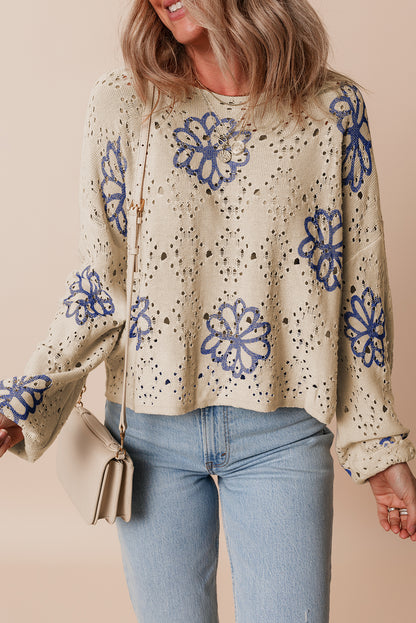 Contrast Flower Print Eyelet Drop Shoulder Sweater | Beige