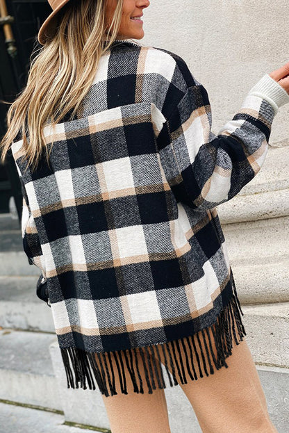 Plaid Snap Button Pocket Fringed Hem Jacket | Black