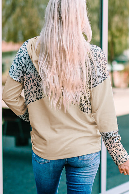 Leopard Patchwork Buttons Hooded Sweatshirt With Pocket | Apricot