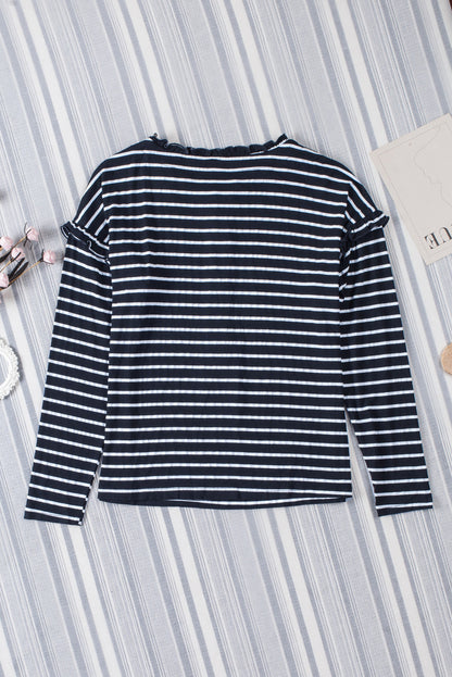 Striped Print Ruffled Buttoned Long Sleeve Top | Black