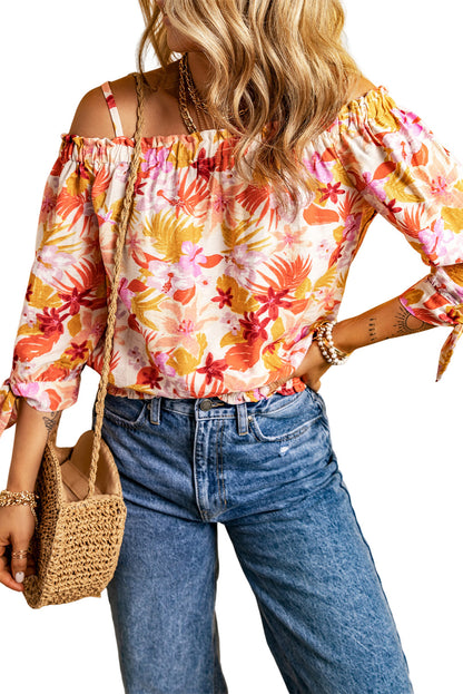 Floral Print Shirred Knotted Off Shoulder Blouse | Multicolour