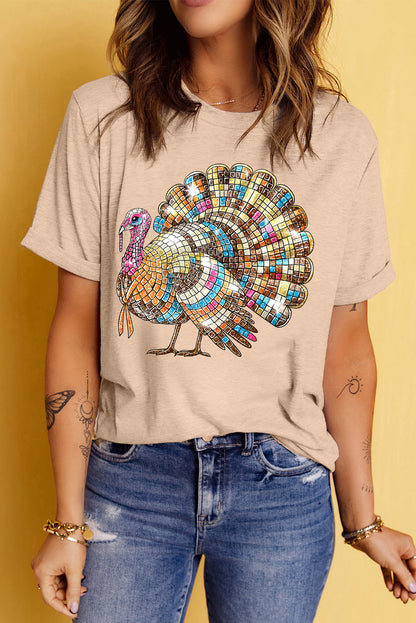 Thanksgiving Turkey Print Round Neck T Shirt | Khaki