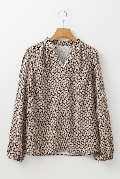 Geometric Print Notched Neck Puff Sleeve Blouse | Khaki