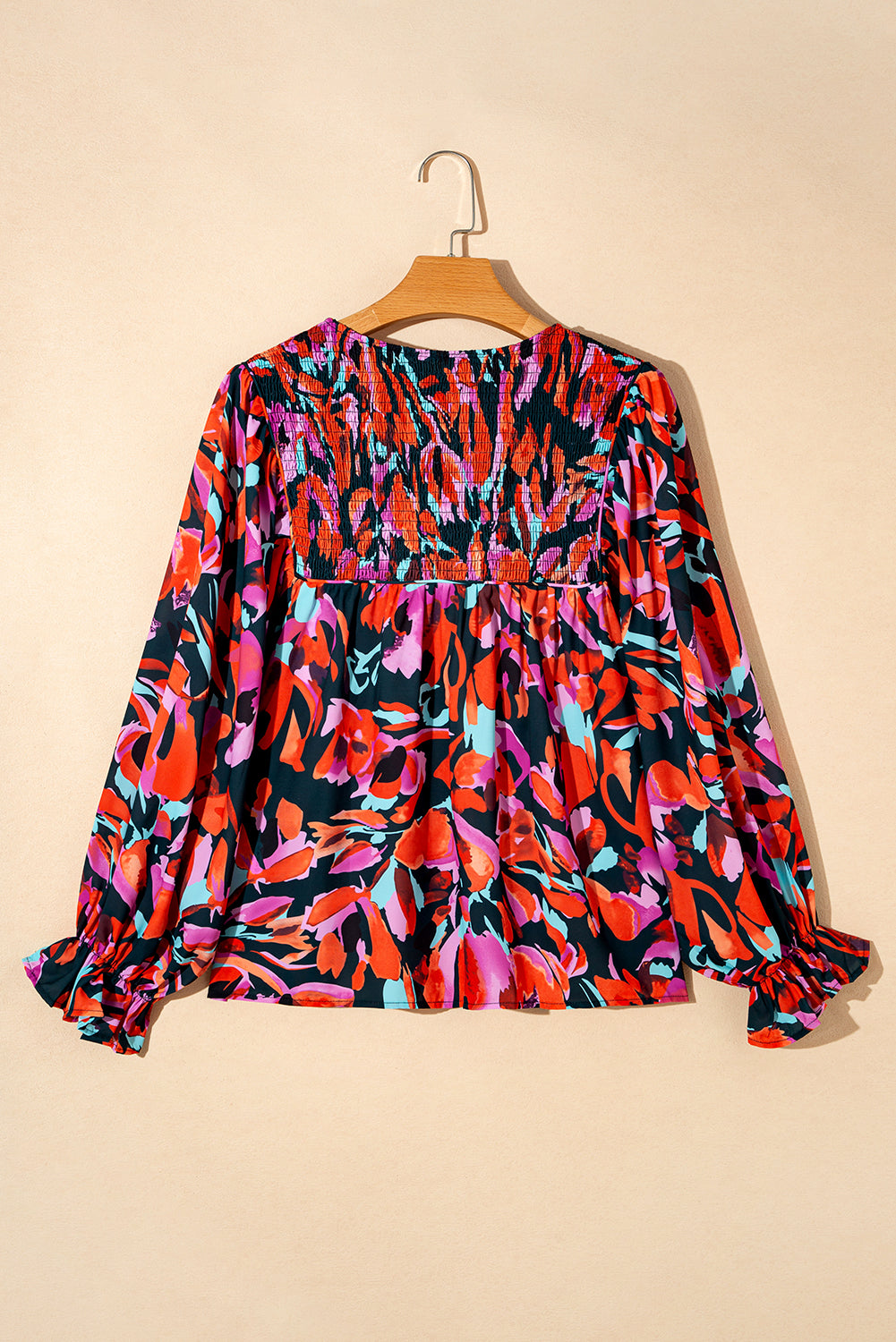 Abstract Floral Shirred Detail Puff Sleeve Blouse | Red Dahlia