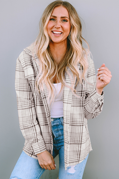 Plaid Removable Hood Buttoned Shacket | Khaki