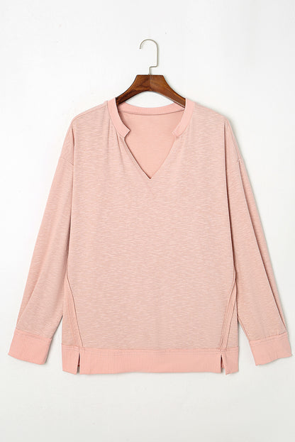 Raw Cut Notched Neck Plus Size French Terry Hoodie | Pink