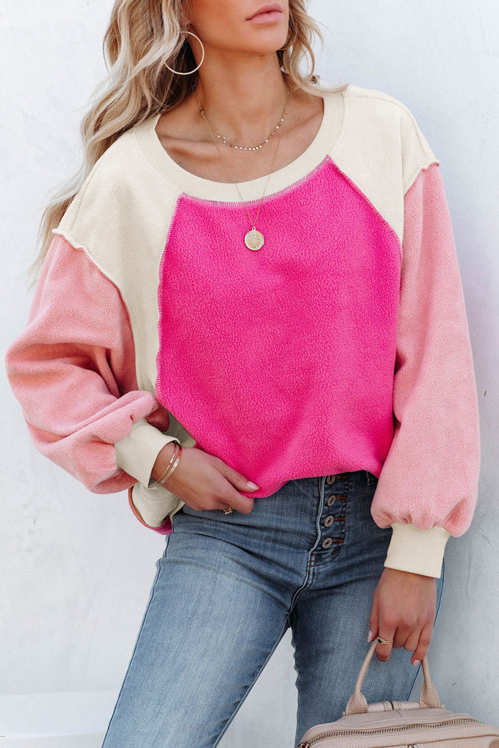 Colourblock Long Sleeve Pullover Fleece Sweatshirt | Rose