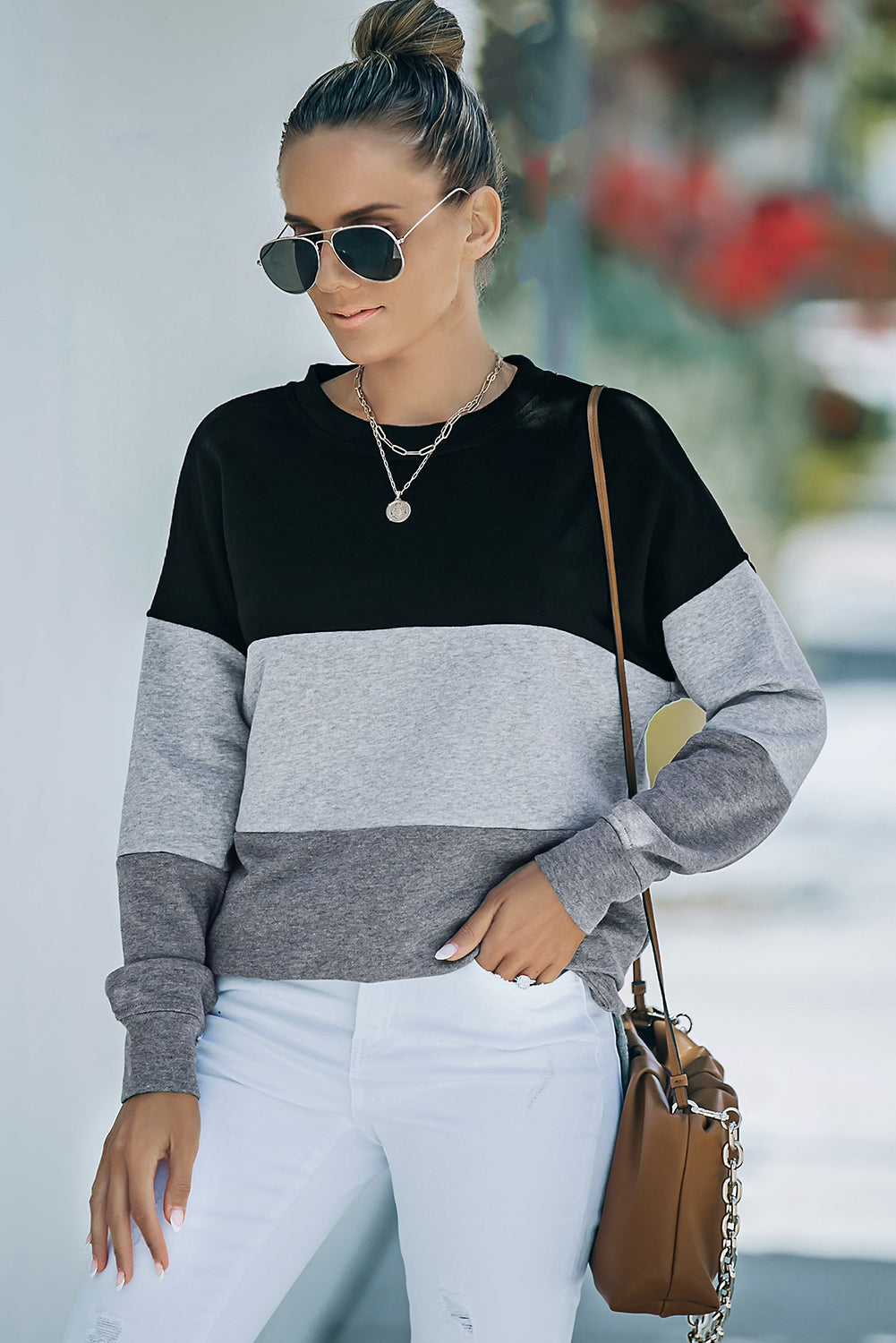 Colourblock  Contrast Stitching Sweatshirt With Slits | Black