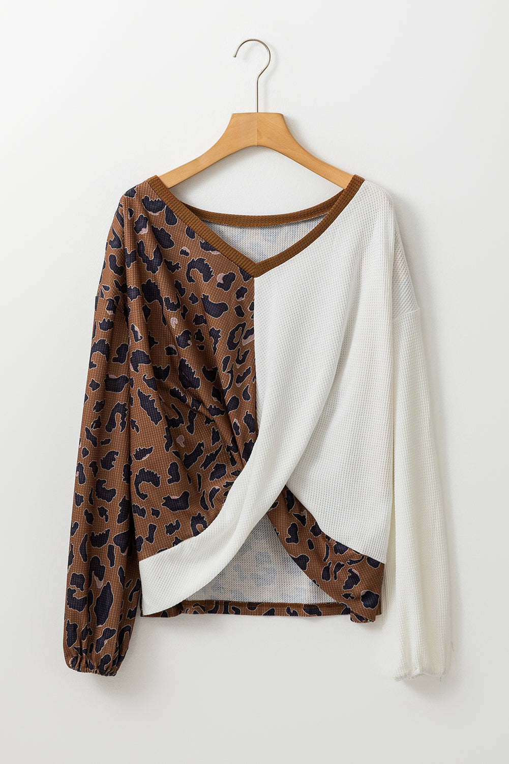 Leopard Contrast Waffle Knit Twist Hem V Neck Top | Brown