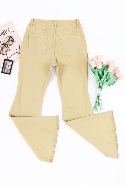 Raw Edge Mid Waist Flared Jeans | Khaki