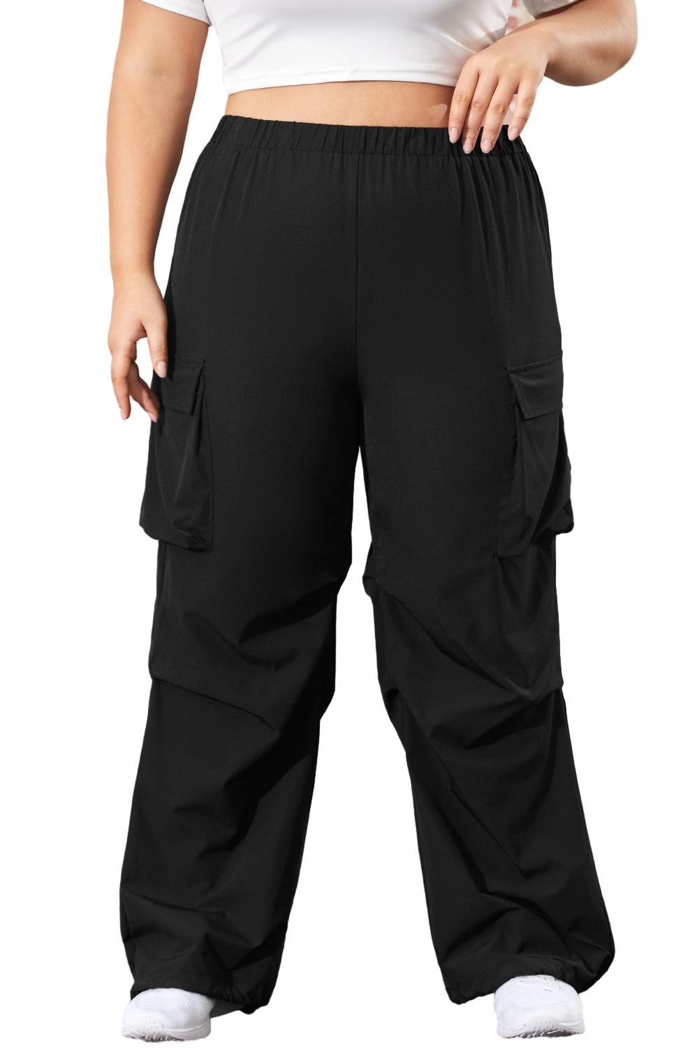 Plus Size Flap Pocket Elastic Waist Cargo Pants | Black