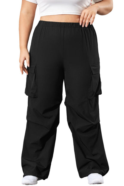 Plus Size Flap Pocket Elastic Waist Cargo Pants | Black