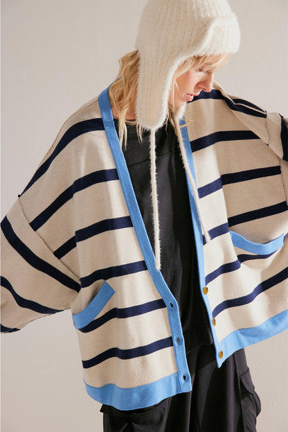 Colourblock Drop Shoulder Buttoned Loose Cardigan | White