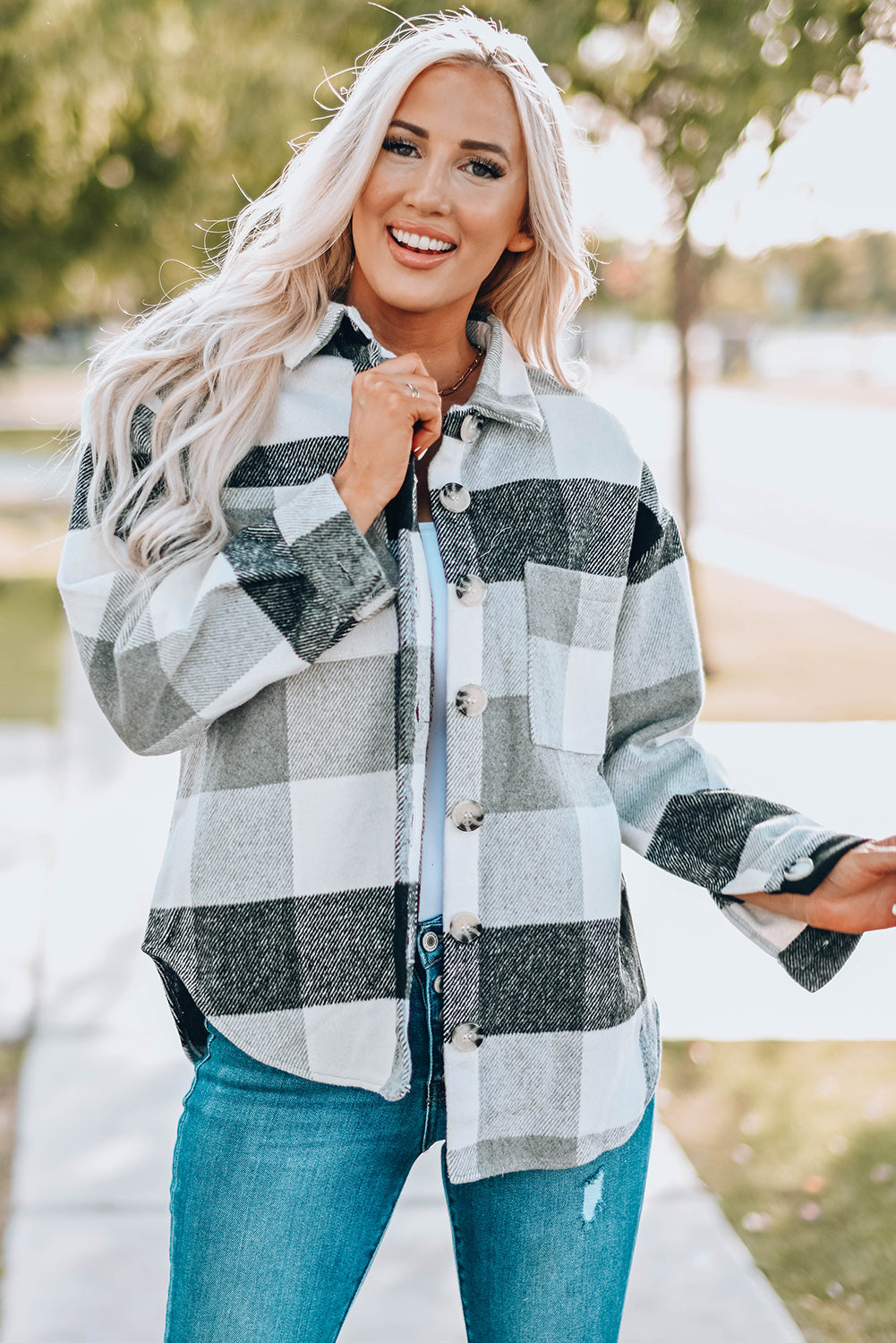 Plaid Colour Block Buttoned Long Sleeve Jacket With Pocket | Gray