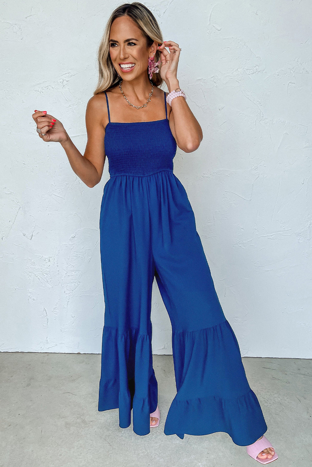 Spaghetti Straps Smocked Ruffled Wide Leg Jumpsuit | Navy Blue