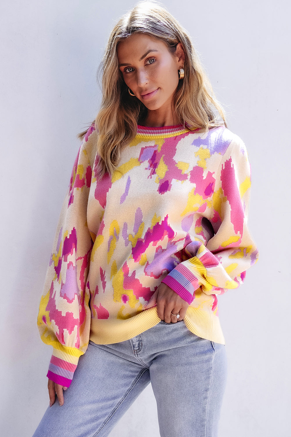 Abstract Print Colourblock Balloon Sleeve Sweater | Khaki