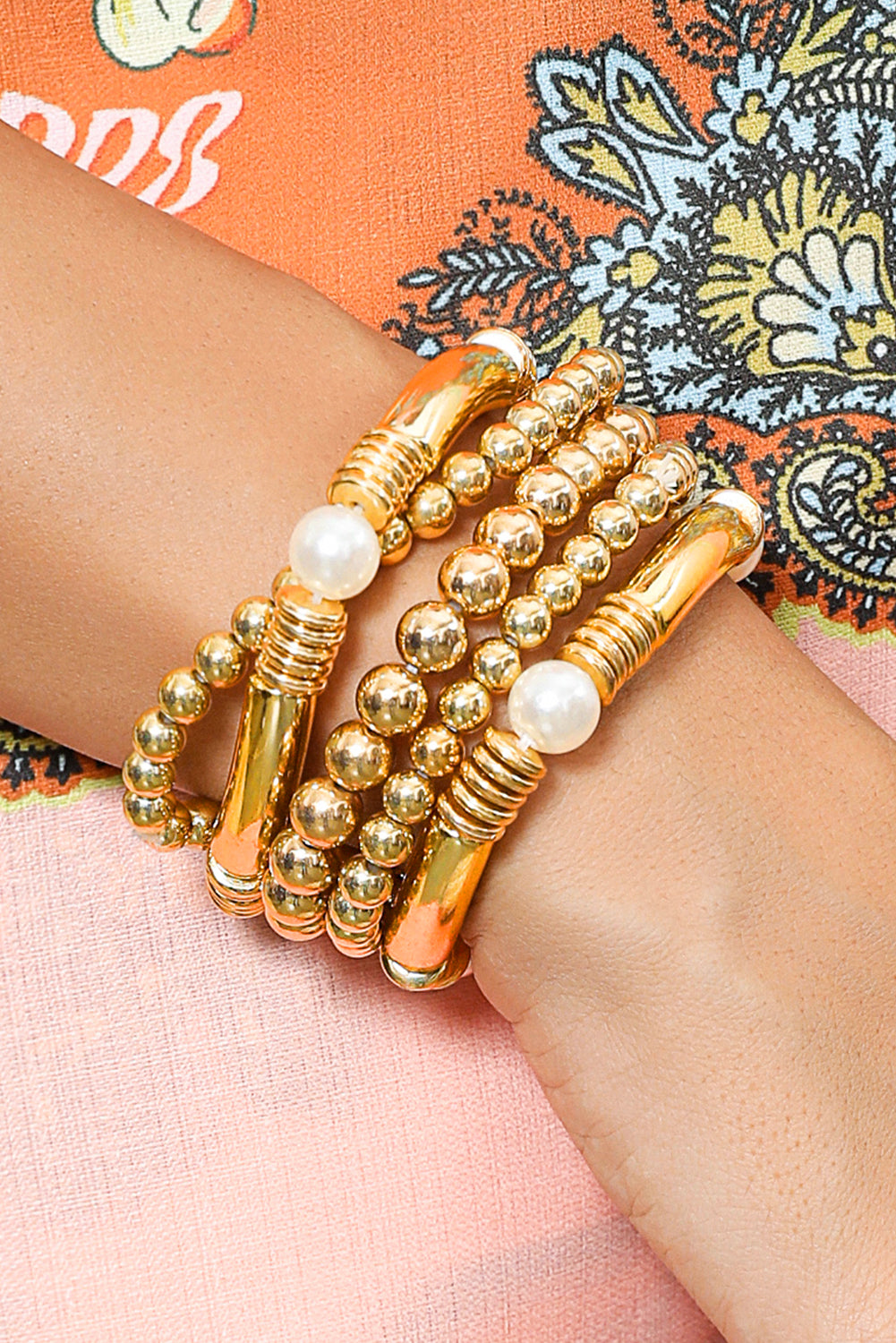 5Pcs Pearl Plated Beaded Bracelet Set | Gold