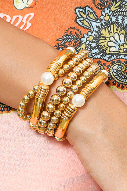 5Pcs Pearl Plated Beaded Bracelet Set | Gold