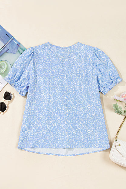 Floral Embroidered Puff Sleeve Notched V Neck Blouse | Sky Blue