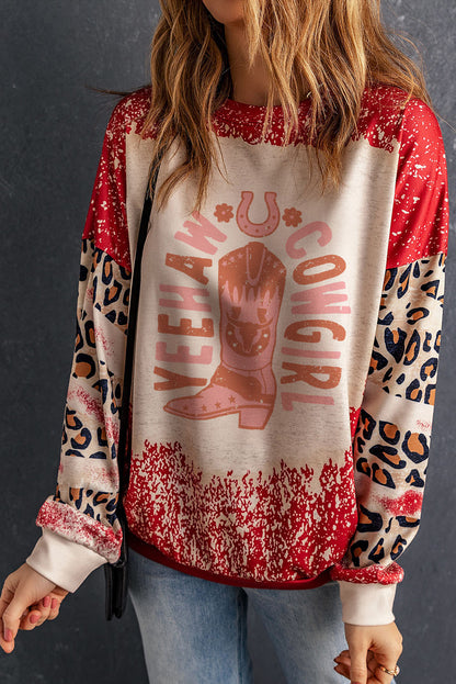 Yeehaw Cowgirl Graphic Bleached Scatter Leopard Sleeve Sweatshirt | Red