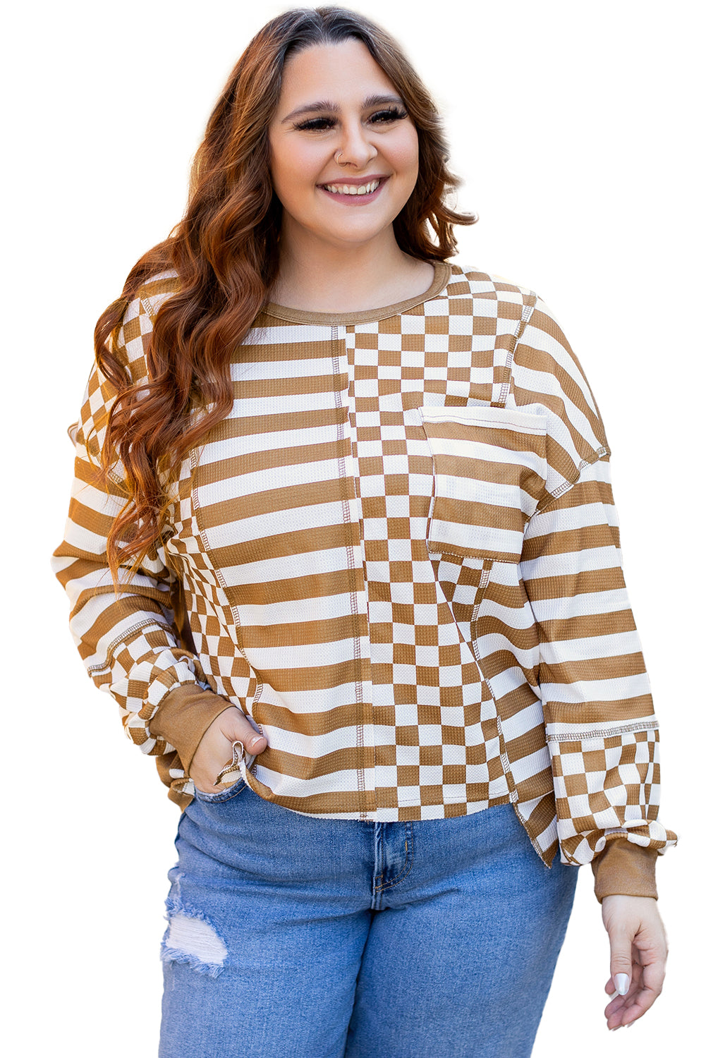 Striped Checkered Mixed Print Chest Pocket Casual Plus Size Top | Khaki